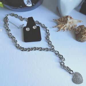Silver Chunky Chain Y Crystal Heart Pendant Necklace